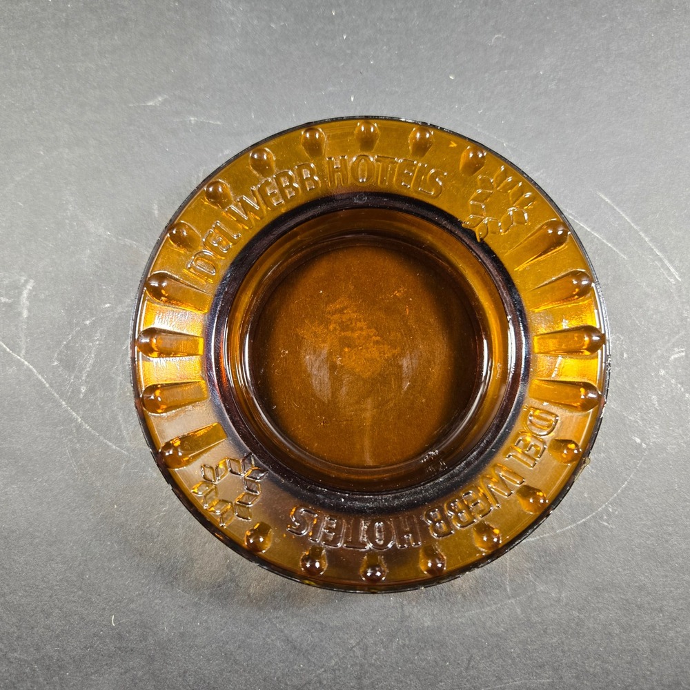 Del Webb Hotels Ashtray Amber Glass Vintage Mid Century Tobacciana Brown 4.5"